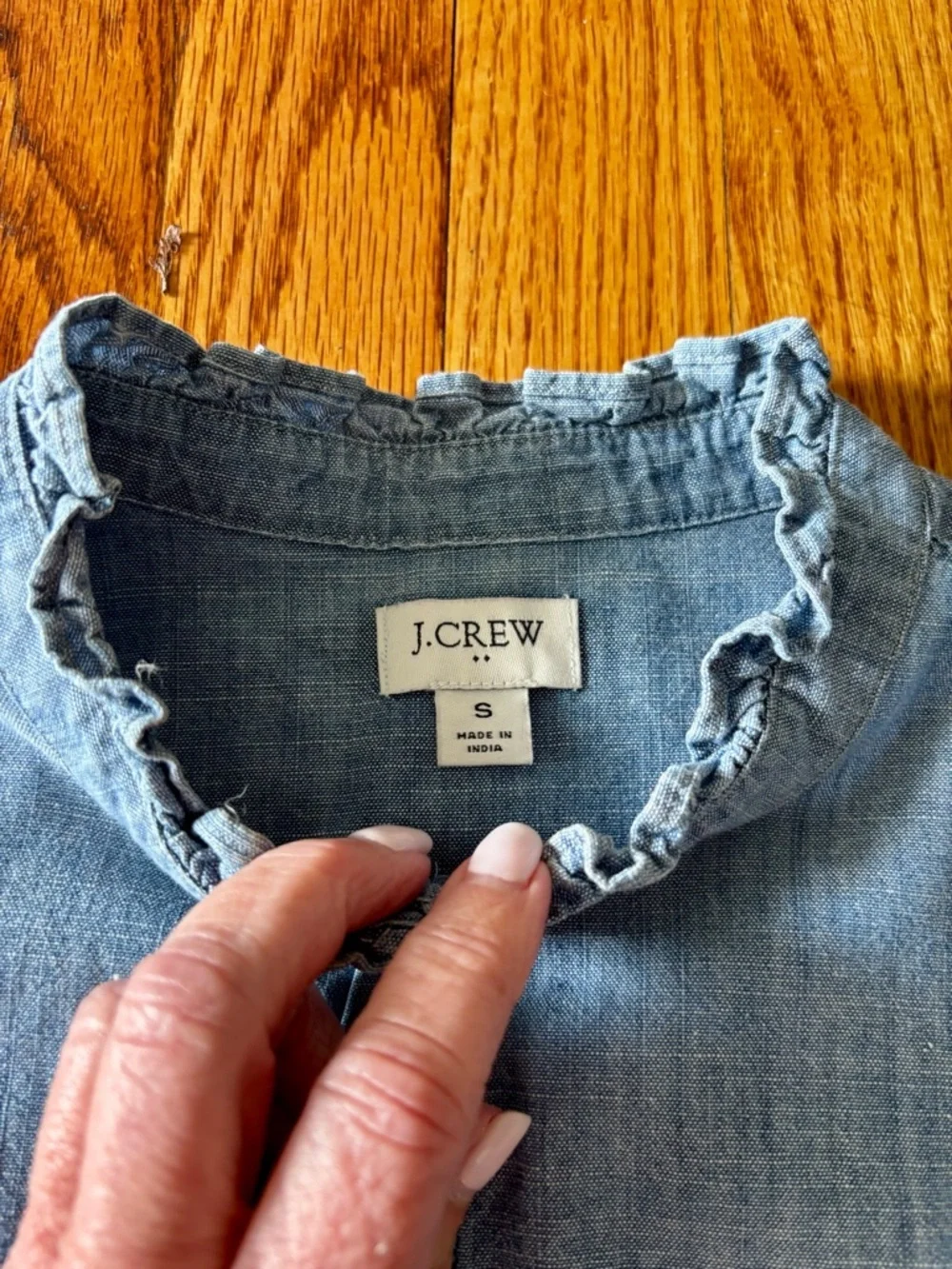 J. Crew Chambray Ruffle Collar Jewel Button-Front Blouse - Small